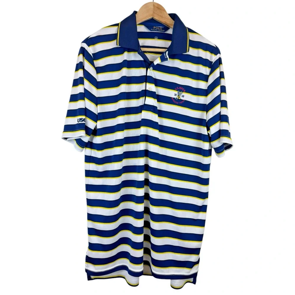 Polo Ralph Lauren Golf Shirt Mens L Blue‎ White 2020 US Open Winged Foot Stretch